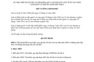 Quyết định 1237/QĐ-TTg năm 2013 tìm kiếm quy tập hài cốt liệt sĩ đến năm 2020