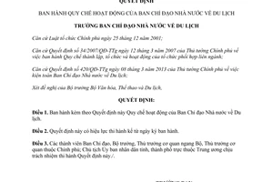 Quyết định 167/QĐ-BCĐNNDL năm 2013 hoạt động Ban Chỉ đạo Du lịch