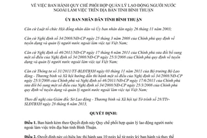 Quyết định 32/2013/QĐ-UBND phối hợp quản lý lao động người nước ngoài Bình Thuận