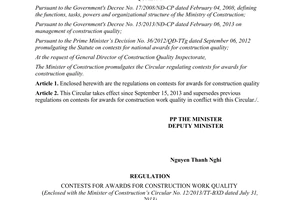 Circular No. 12/2013/TT-BXD regulation on contests for awards for construction work quality