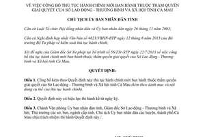 Quyết định 1114/QĐ-UBND năm 2013 công bố thủ tục hành chính Sở Lao động Cà Mau