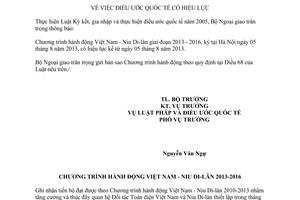Thông báo 41/2013/TB-LPQT hiệu lực Chương trình hành động Việt Nam Niu Di-lân 2013 2016