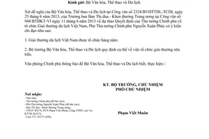 Công văn 6343/VPCP-TCCV 2013 tổ chức Giải thưởng du lịch Việt Nam