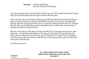 Công văn 748/KTNN-CNV 2013 kiến nghị tăng thu giảm chi ngân sách mục tiêu nước sạch Bắc Kạn