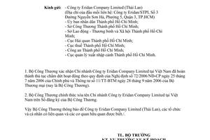 Công văn 7037/BCT-KH năm 2013 chi nhánh công ty Eridan chấm dứt hoạt động