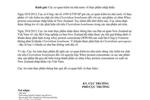 Công văn 1846/ATTP-SP năm 2013 dừng kiểm tra chặt sản phẩm Whey protein concentrate