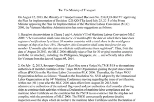 Official Dispatch No. 2654/CHHVN-VT&DVHH implementation of Maritime Labour Convention MLC 2006