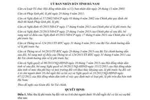 Quyết định 38/2013/QĐ-UBND lệ phí trước bạ xe ô tô chở người dưới 10 chỗ Hà Nam