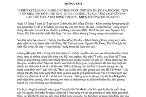 Thông báo 1421/TB-BTĐKT năm 2013 kết luận Phó Chủ tịch nước Phó Chủ tịch Hội đồng Thi đua Khen thưởng