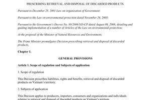 Decision No. 50/2013/QD-TTg prescribing retrieval and disposal of discarded products