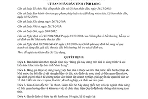 Quyết định 06/2013/QĐ-UBND Bảng giá xây dựng mới nhà ở công trình vật kiến trúc Vĩnh Long