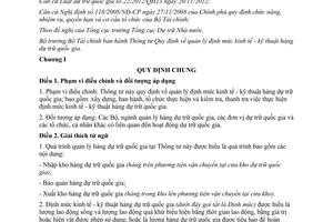 Thông tư 108/2013/TT-BTC quản lý định mức kinh tế kỹ thuật hàng dự trữ quốc gia