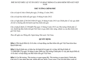 Quyết định 1395/QĐ-TTg năm 2013 điều lệ tổ chức hoạt động Bảo hiểm tiền gửi Việt Nam