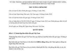 Quyết định 1394/QĐ-TTg năm 2013 chức năng nhiệm vụ Bảo hiểm tiền gửi Việt Nam