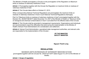 Circular No. 24/2013/TT-BYT maximum limits on residues of veterinary medicines in food