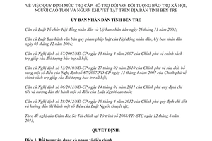 Quyết định 26/2013/QĐ-UBND 2013 trợ cấp bảo trợ người cao tuổi người khuyết tật Bến Tre