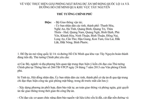 Công điện 1308/CĐ-TTg năm 2013 giải phóng mặt bằng Dự án mở rộng Quốc lộ 1A