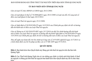 Quyết định 37/2013/QĐ-UBND bảng giá tính thuế tài nguyên Quảng Ngãi