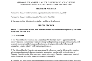 Decision No. 1445/QD-TTg Approval Master Plan for Fisheries aquaculture Development by 2020 towards 2030