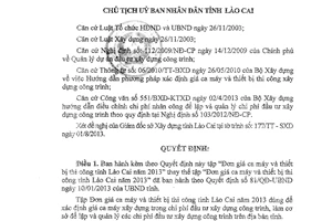 Quyết định 2171/QĐ-UBND năm 2013 đơn giá ca máy thiết bị thi công Lào Cai