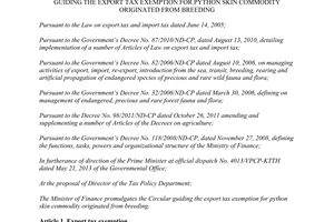 Circular No.116/2013/TT-BTC guiding the export tax exemption for python skin commodity