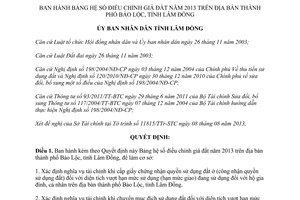 Quyết định 38/2013/QĐ-UBND bảng hệ số điều chỉnh giá đất 2013 Bảo Lộc Lâm Đồng