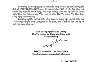 Thông báo 3846/TB-BNN-VP năm 2013 giới thiệu chữ ký Phó Vụ trưởng Vụ Khoa học Môi trường