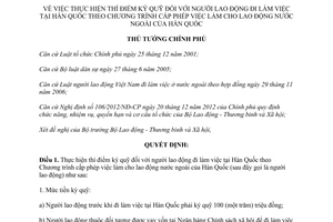 Quyết định 1465/QĐ-TTg năm 2013 thí điểm ký quỹ làm việc tại Hàn Quốc