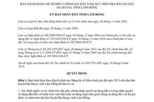Quyết định 39/2013/QĐ-UBND Bảng hệ số điều chỉnh giá đất 2013 Lâm Đồng