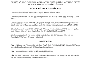Quyết định 1341/QĐ-UBND năm 2013 bổ sung Chương trình xây dựng Quyết định Chỉ thị Bắc Kạn