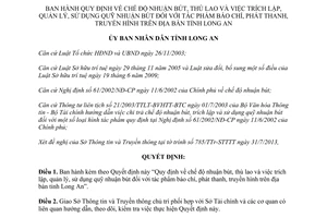 Quyết định 43/2013/QĐ-UBND chế độ nhuận bút thù lao tác phẩm phát thanh truyền hình Long An