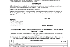 Quyết định 831/QĐHC-CTUBND thủ tục hành chính thuộc thẩm quyền giải quyết sở tư pháp Sóc Trăng 2013