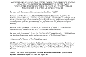 Circular No.120/2013/TT-BTC amending description of commodities of heading 9825