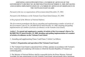 Decree No. 96/2013/ND-CP amending Decree No. 86/2009/ND-CP ordinance on the Vietnam coast guard