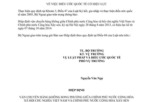 Thông báo hiệu lực Hiệp định vận chuyển hàng không Việt Nam Xây-sen