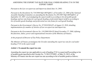 Circular No.124/2013/TT-BTC amending the export tax rate for coal under heading 27.01
