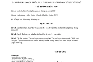 Quyết định 1530/QĐ-TTg 2013 triển khai thi hành Luật phòng chống khủng bố