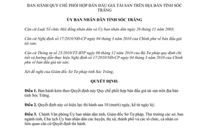 Quyết định 33/2013/QĐ-UBND quy chế phối hợp bán đấu giá tài sản Sóc Trăng