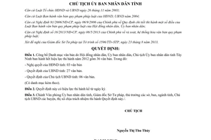 Quyết định 1827/QĐ-UBND năm 2013 công bố Danh mục văn bản quản lý Nhà nước Tây Ninh