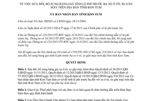Quyết định 38/2013/QĐ-UBND bảng giá tính lệ phí trước bạ xe ô tô xe gắn máy Kon Tum