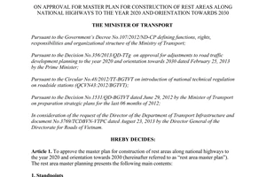 Decision 2753/QD-BGTVT on approval for master plan of rest areas along national highways 2020 2030 2013