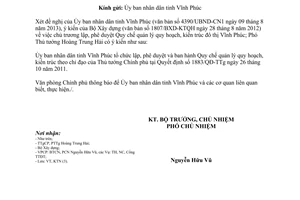 Công văn 7513/VPCP-KTN năm 2013 quản lý quy hoạch kiến trúc đô thị Vĩnh Phúc