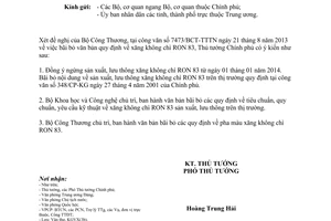 Công văn 1473/TTg-KGVX năm 2013 ngừng lưu thông xăng không chì RON 83