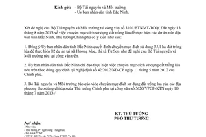 Công văn 1492/TTg-KTN năm 2013 chuyển mục đích sử dụng đất trồng lúa thực hiện dự án tại Bắc Ninh