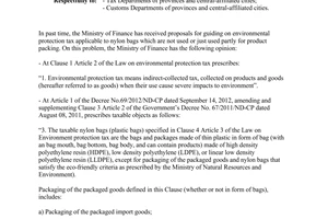 Official Dispatch No. 11897/BTC-CST on environmental protection tax applicable to nylon bags