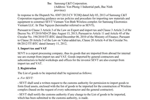 Official Dispatch No. 12366/BTC-TCHQ 2013 import tax VAT and customs procedures export processing companies