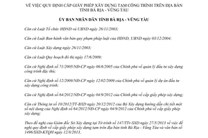 Quyết định 35/2013/QĐ-UBND quy định cấp giấy phép xây dựng tạm công trình tại Bà Rịa Vũng Tàu