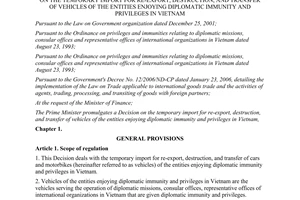 Decision No. 53/2013/QĐ-TTg temporary import for re-export transfer of vehicles of the entities enjoying diplomatic immunity