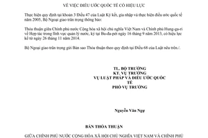 Thông báo hiệu lựcThỏa thuận Hợp tác trong lĩnh vực quản lý nước giữa Việt Nam và Hung-ga-ri