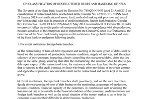 Directive No. 04/CT-NHNN on classification of restructured debts and handling of npls